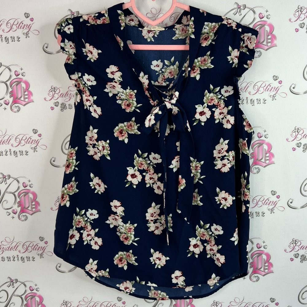 EAM blouse tie up ribbon tshirt ruffle sleeve detail flowers Navy Floral Blouse